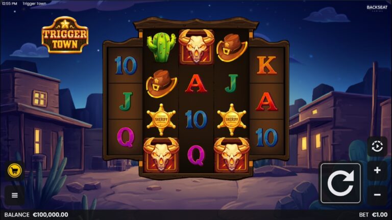 Trigger Town slot gameplay showing the reels and game controls