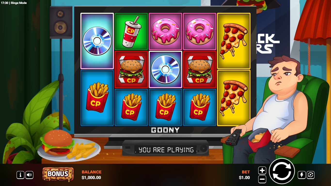 Binge Mode slot showing five reels of fast food symbols, CD scatters and the TV-themed game screen