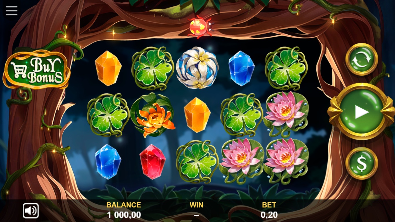 Hidden Spells slot showing five forest-framed reels with clovers, flowers and colored gems
