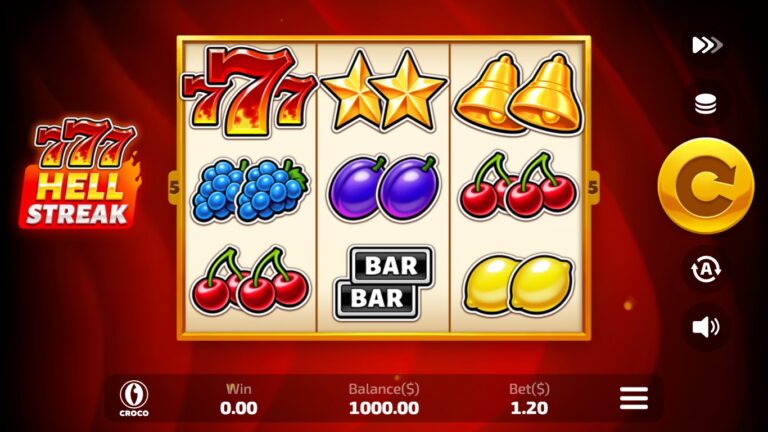 777 Hell Streak slot showing three reels with sevens, stars, bells and fruit symbols