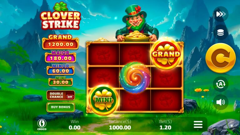 CROCO Clover Strike slot showing the nine-cell bonus board, jackpot symbols and leprechaun