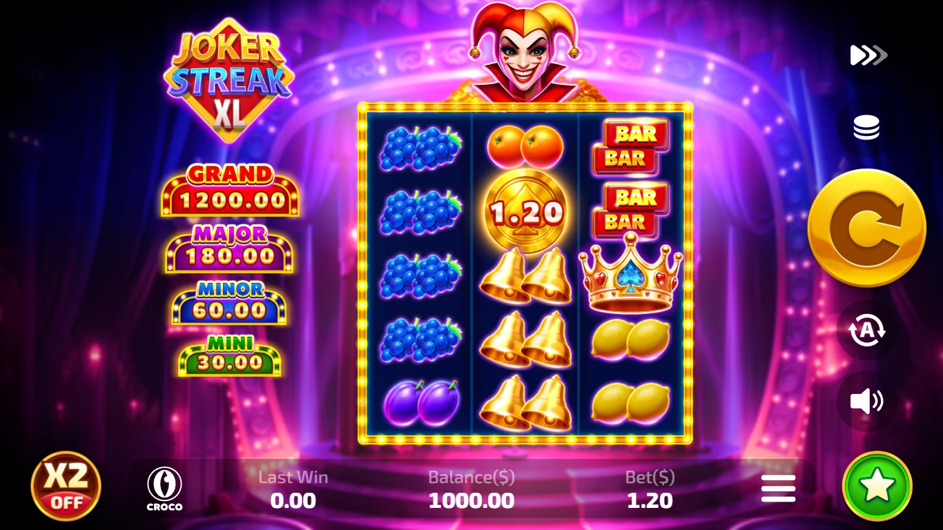 Joker Streak XL gameplay showing three fruit reels, a coin value and four jackpot tiers