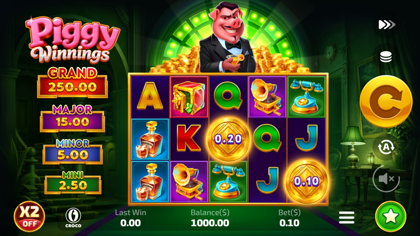 Piggy Winnings gameplay showing a five-reel board, coin values and jackpot tiers