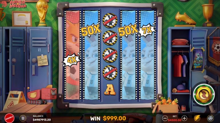 Ander and Meegan slot gameplay with five reels and football duel effects