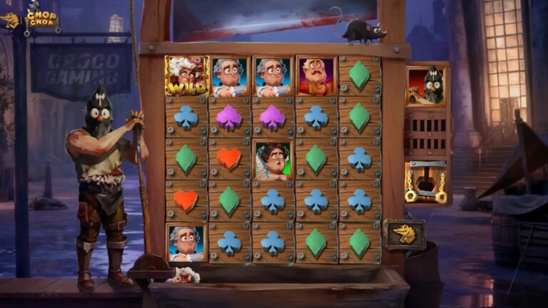 Chop Chop slot gameplay with a five-by-five executioner-themed cluster grid