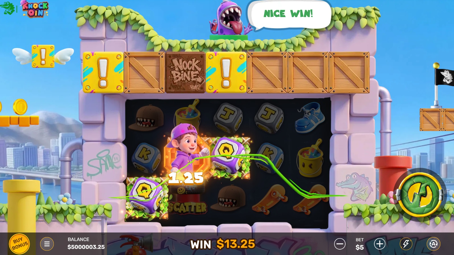 Knockoin slot gameplay with cartoon boxes and five-reel symbols