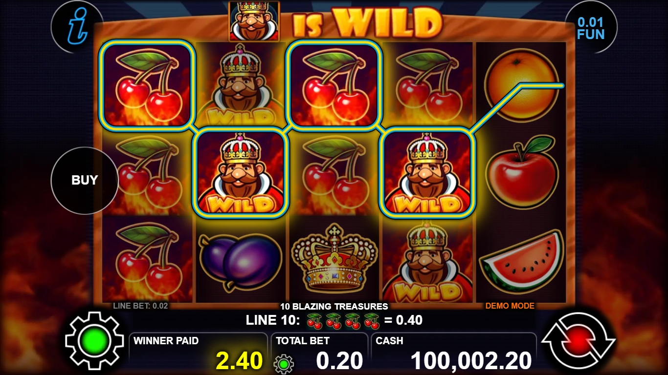 10 Blazing Treasures gameplay showing a king Wild, fruit symbols and a highlighted winning line