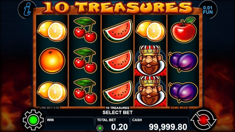 10 Treasures gameplay showing five fruit reels with king symbols