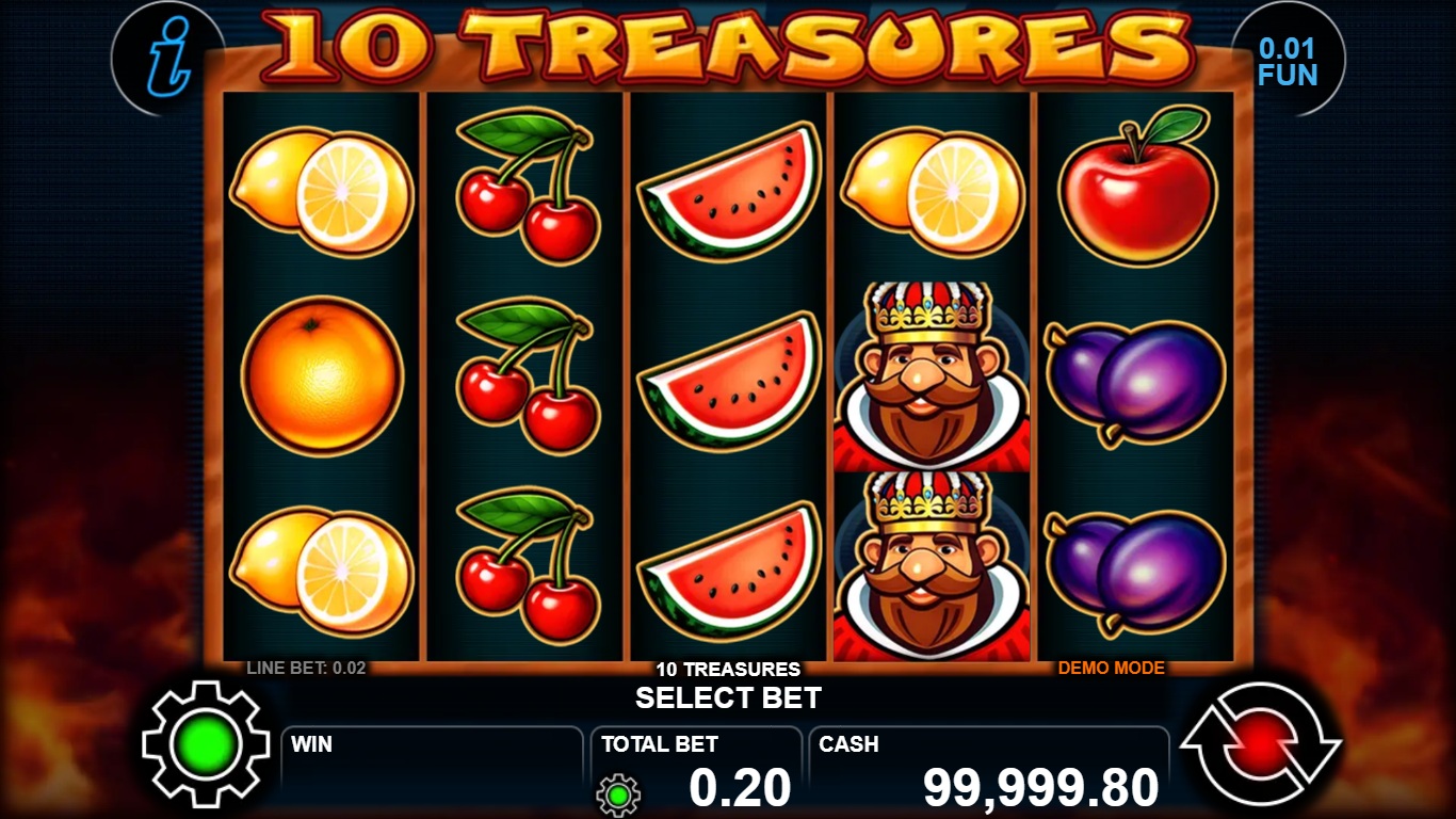 10 Treasures gameplay showing five fruit reels with king symbols