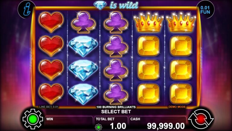 100 Burning Brilliants gameplay showing four rows of gems, card suits and Diamond Wilds