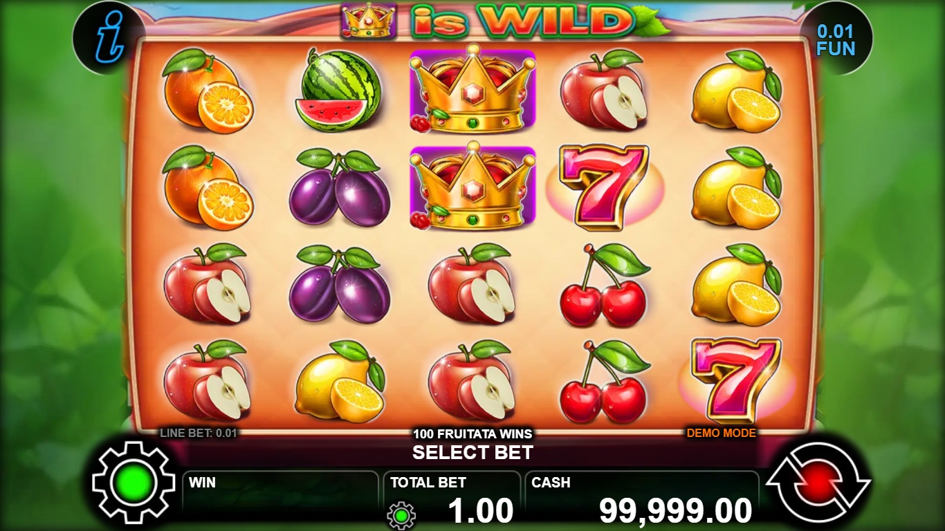 100 Fruitata Wins gameplay showing fruit symbols and crown Wilds on five reels