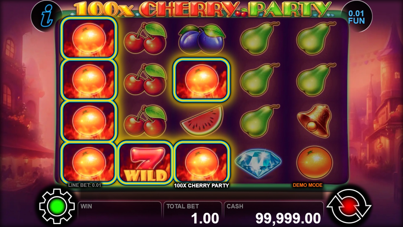 100x Cherry Party gameplay showing fruit symbols, a Seven Wild and highlighted winning tiles