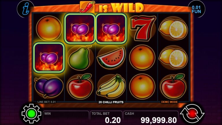 20 Chilli Fruits gameplay showing five fruit reels and highlighted plum symbols
