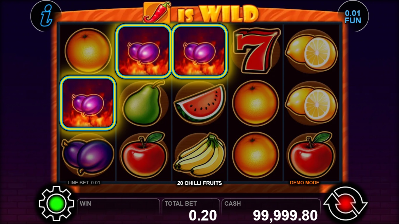 20 Chilli Fruits gameplay showing five fruit reels and highlighted plum symbols