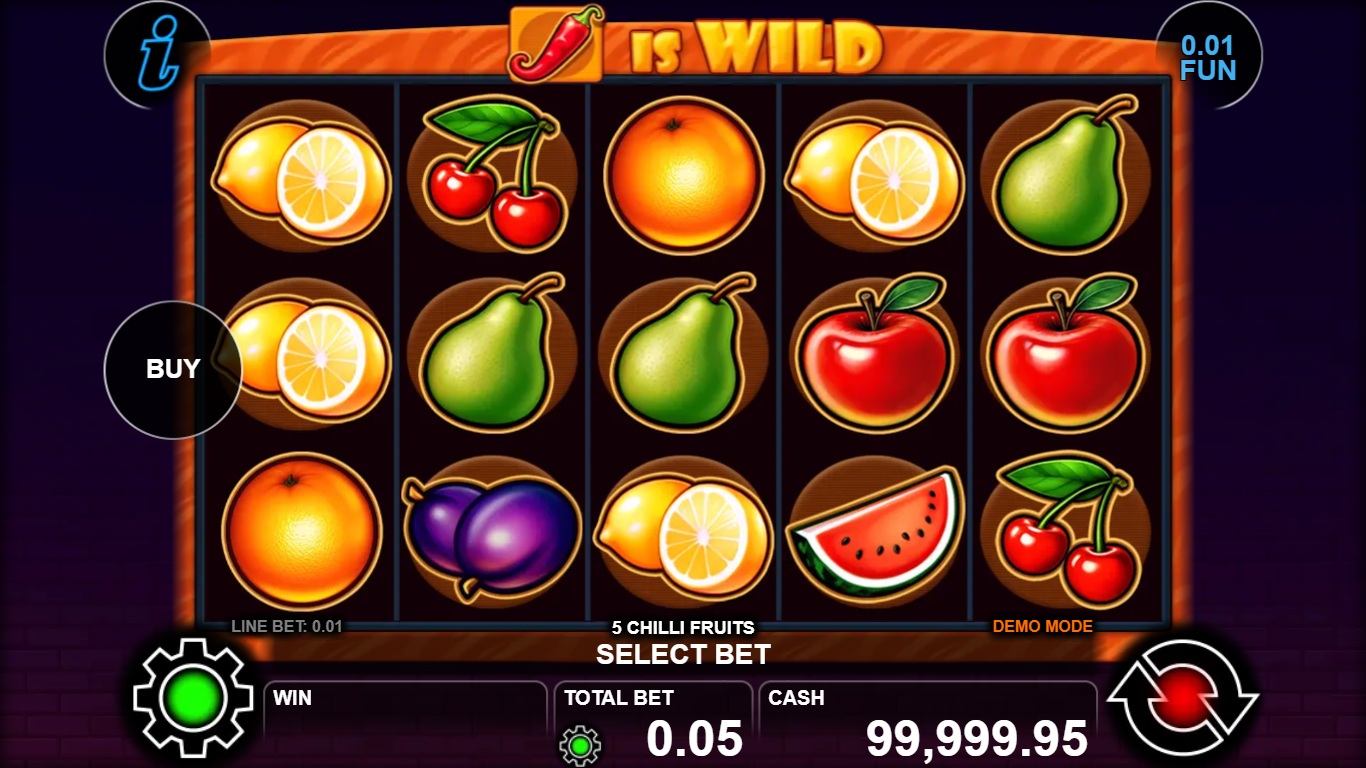 5 Chilli Fruits gameplay with five reels of oranges, cherries, pears and plums