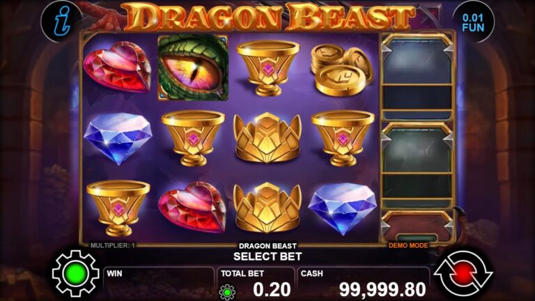 Dragon Beast gameplay with a dragon-eye Wild, gems and crowns on four reels
