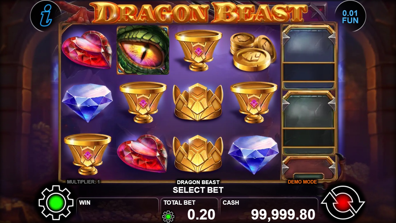 Dragon Beast gameplay with a dragon-eye Wild, gems and crowns on four reels