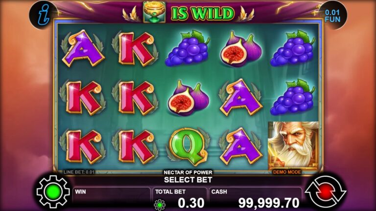 Nectar of Power gameplay with figs, grapes, Greek symbols and Zeus