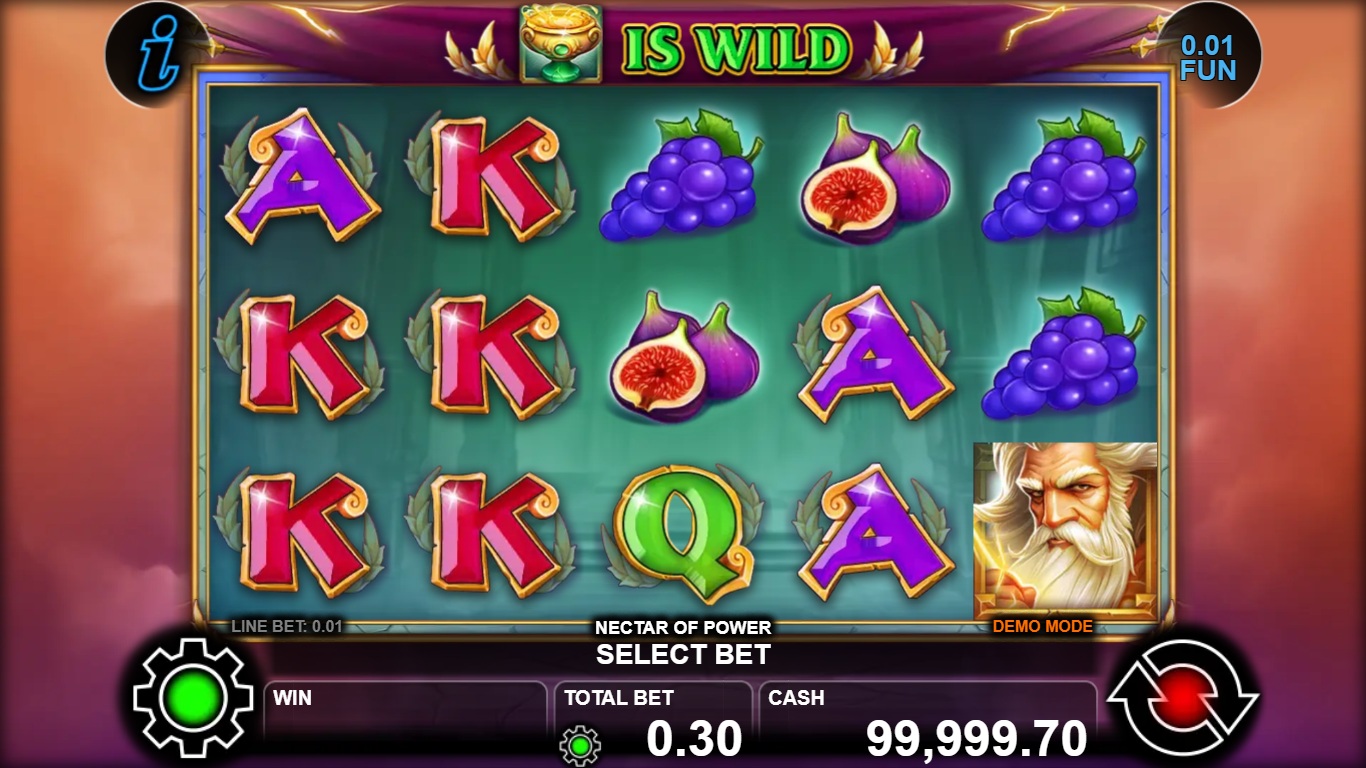 Nectar of Power gameplay with figs, grapes, Greek symbols and Zeus