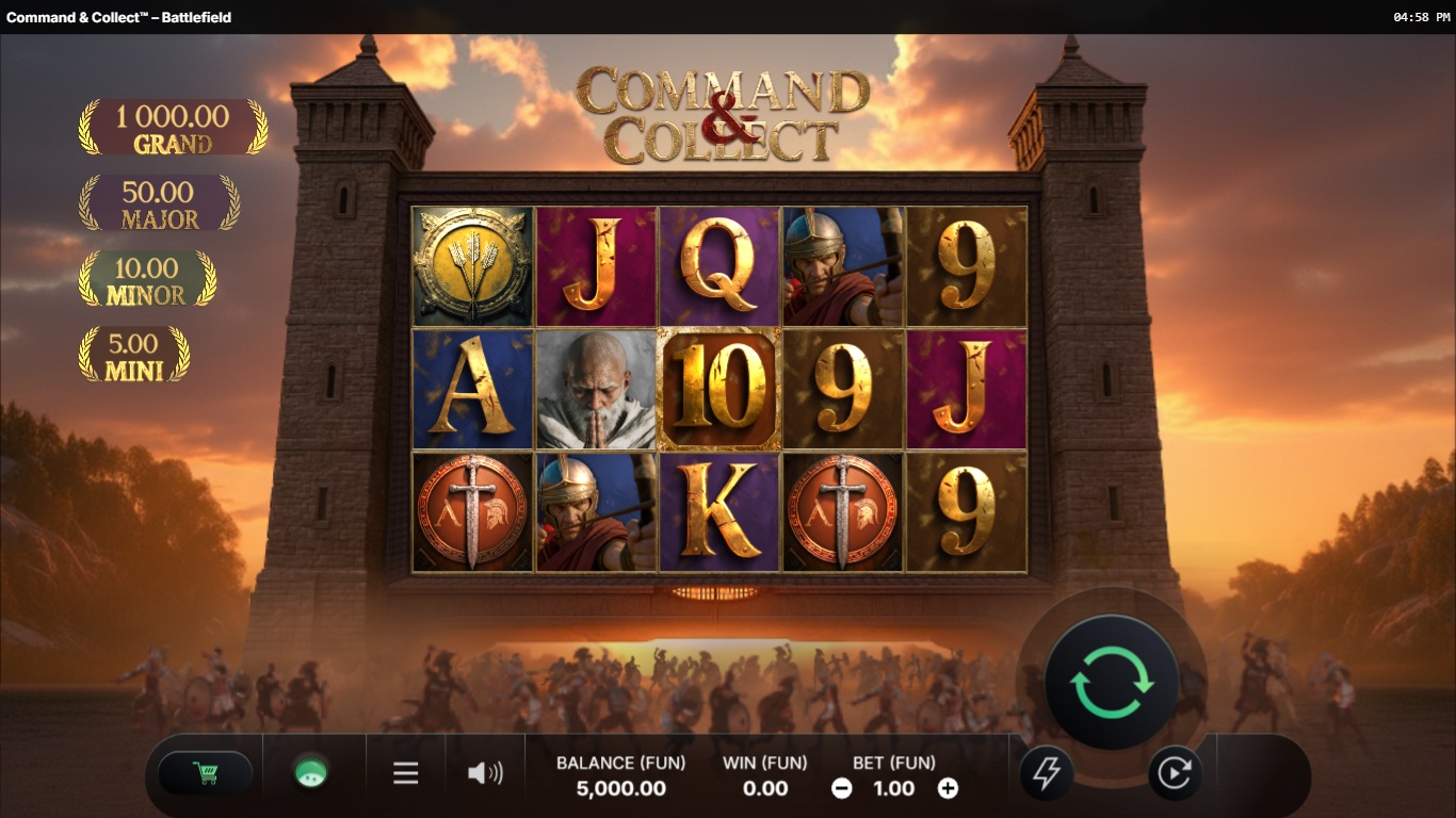 Command & Collect - Battlefield slot gameplay with five reels and a central collection position