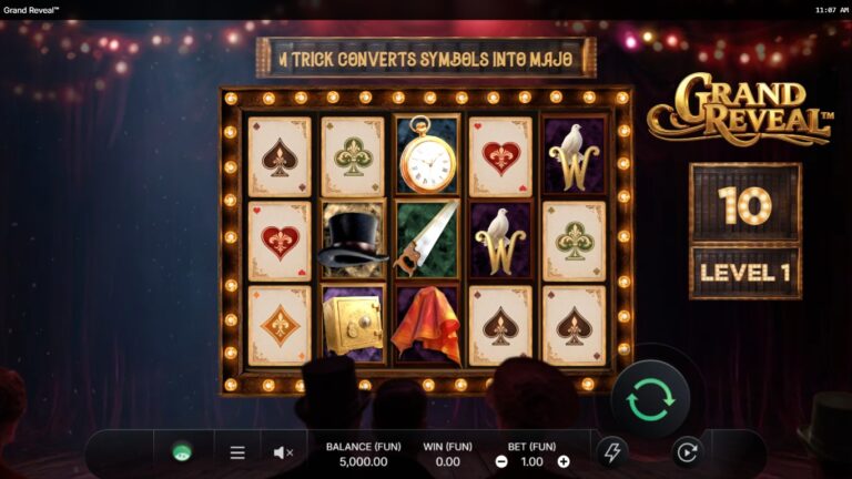 Grand Reveal slot gameplay showing its theater-themed five-reel screen