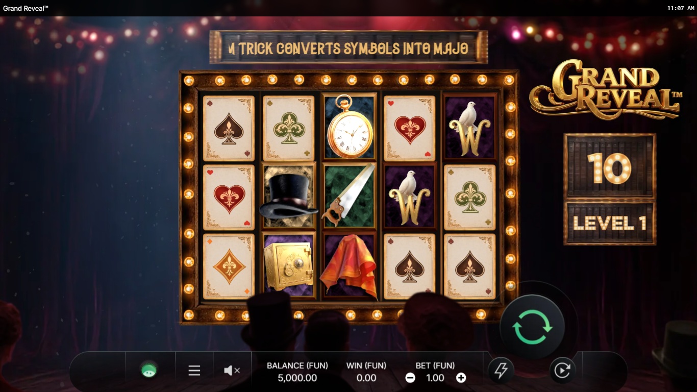 Grand Reveal slot gameplay showing its theater-themed five-reel screen