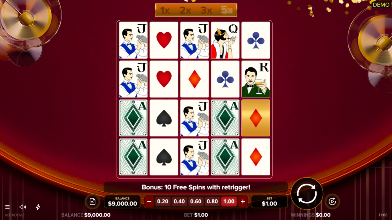 Ace Royale gameplay showing the playing-card reels and multiplier strip