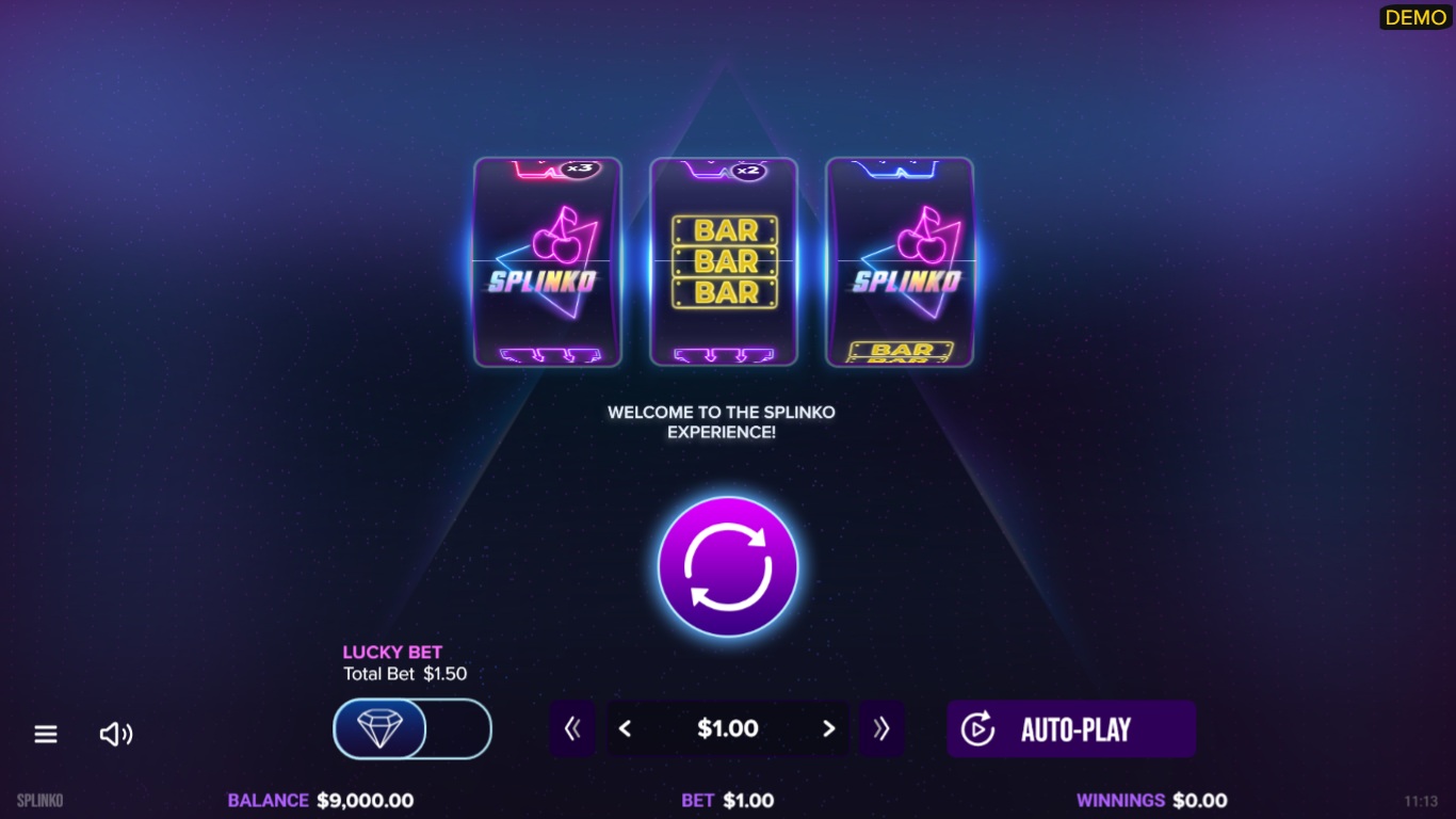 Splinko gameplay showing three neon reels and the Lucky Bet control