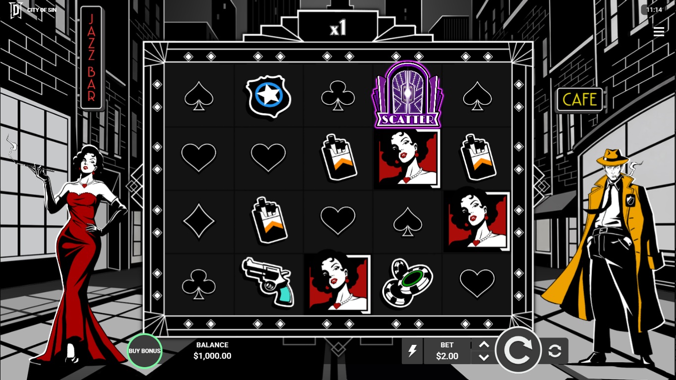 City of Sin gameplay with noir characters and the five-reel grid