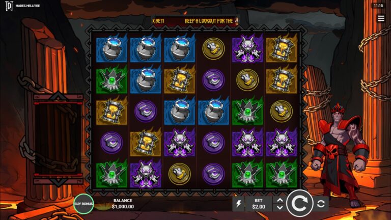 Hades Hellfire gameplay on the underworld-themed six by five grid