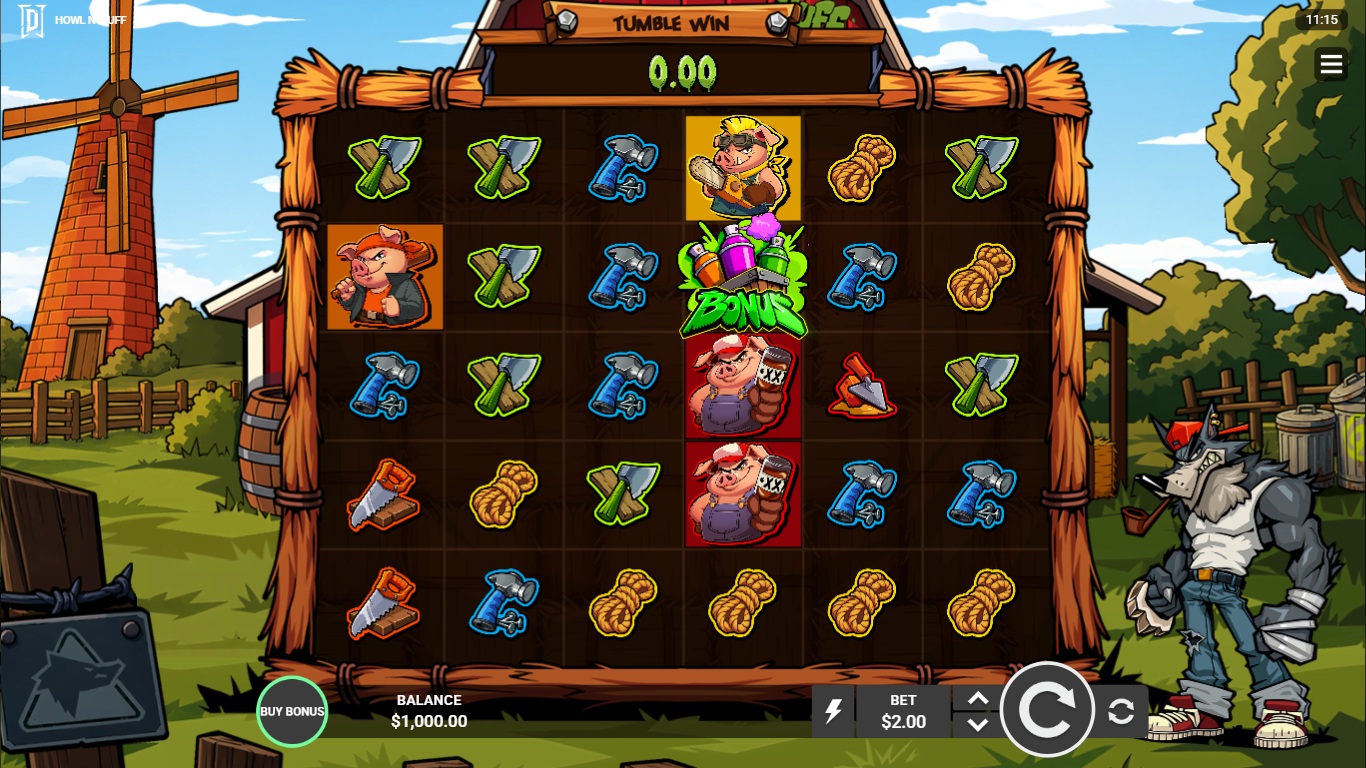 Howl N' Huff gameplay with pigs, tools and the wolf beside a six by five grid