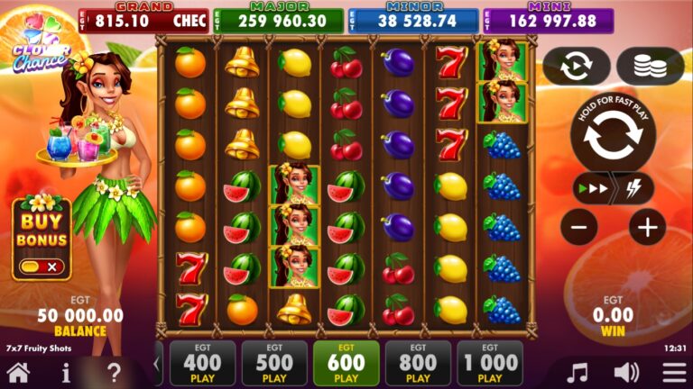 7x7 Fruity Shots slot gameplay screen