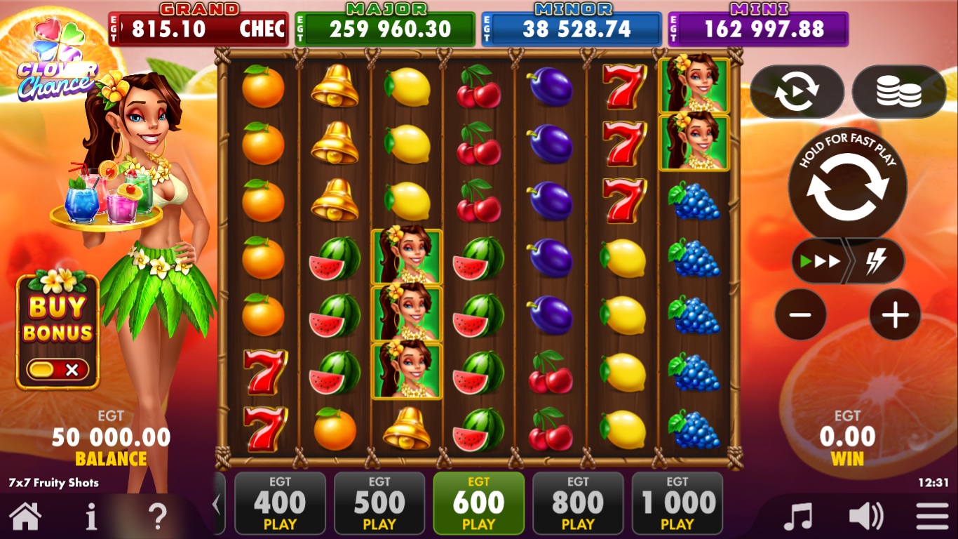 7x7 Fruity Shots slot gameplay screen