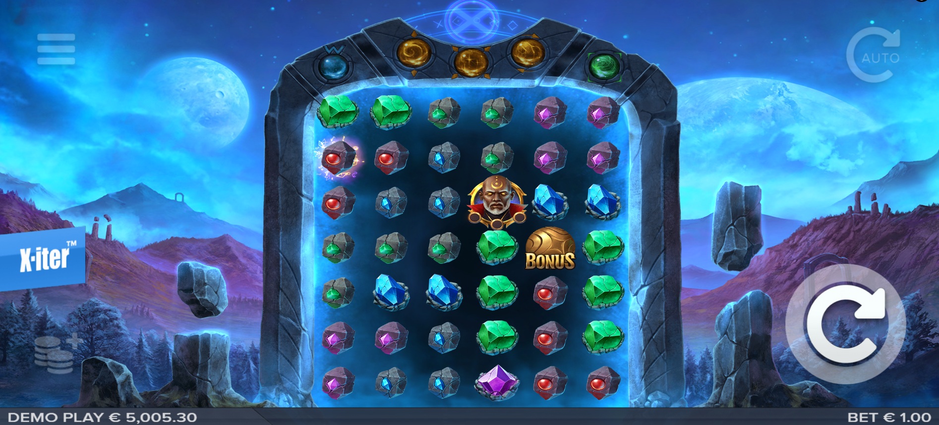 Arcanum slot gameplay showing a tall cluster grid of magic gems