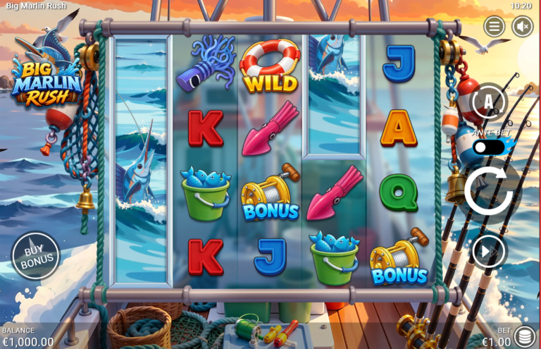 Big Marlin Rush slot gameplay showing the fishing reels and symbols