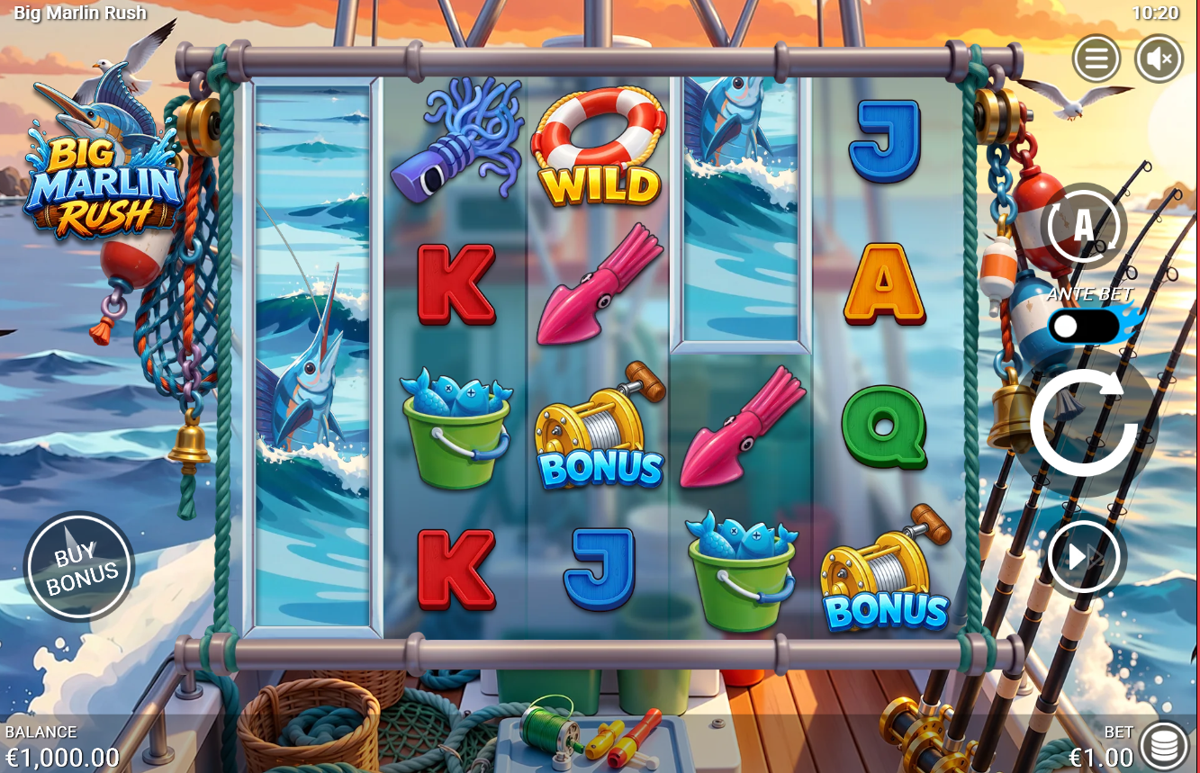 Big Marlin Rush slot gameplay showing the fishing reels and symbols
