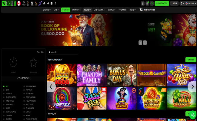FANSPORT casino lobby with game categories and recommended slots