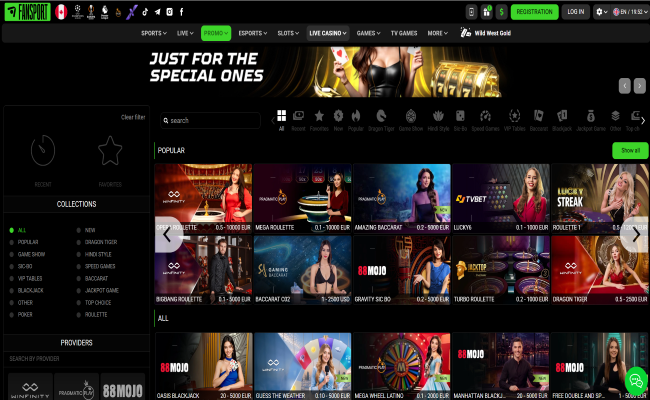FANSPORT live casino lobby showing roulette baccarat blackjack and game shows