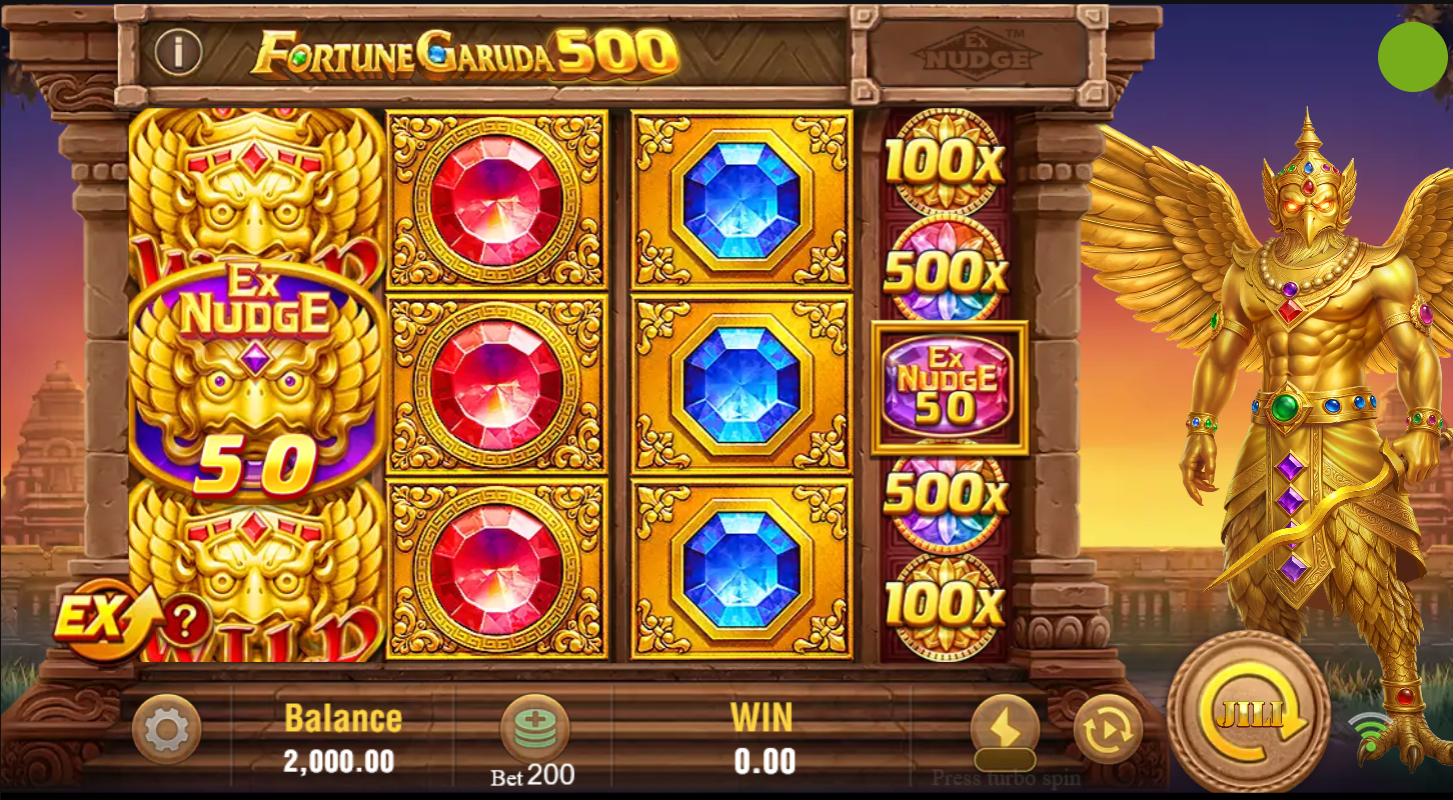 Fortune Garuda 500 slot gameplay showing the reels and Garuda figure