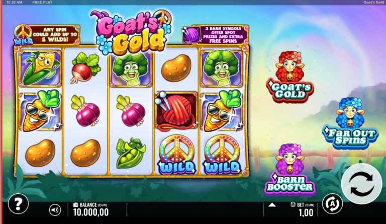 Goat's Gold slot gameplay showing the reels, symbols and feature options
