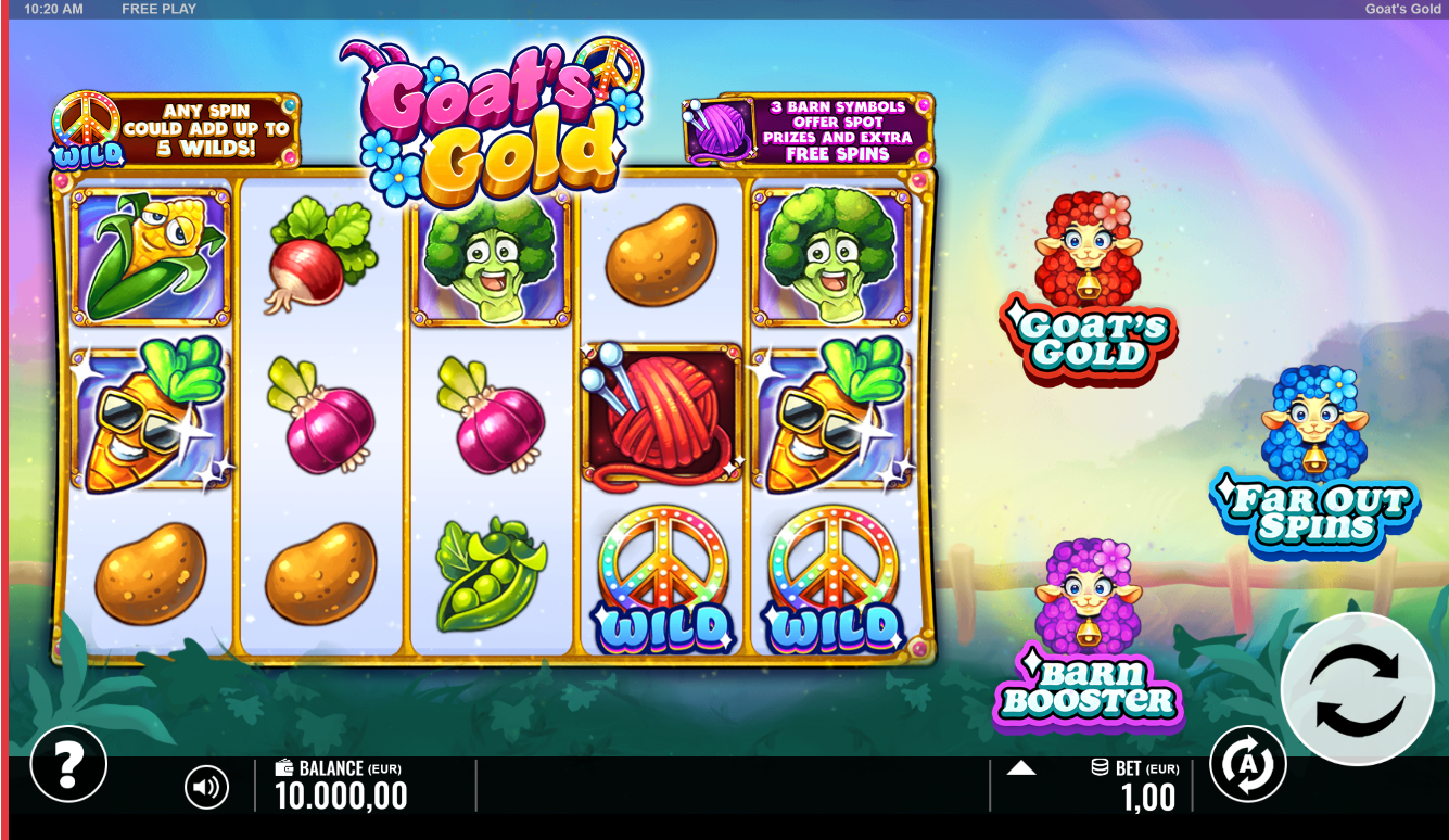 Goat's Gold slot gameplay showing the reels, symbols and feature options