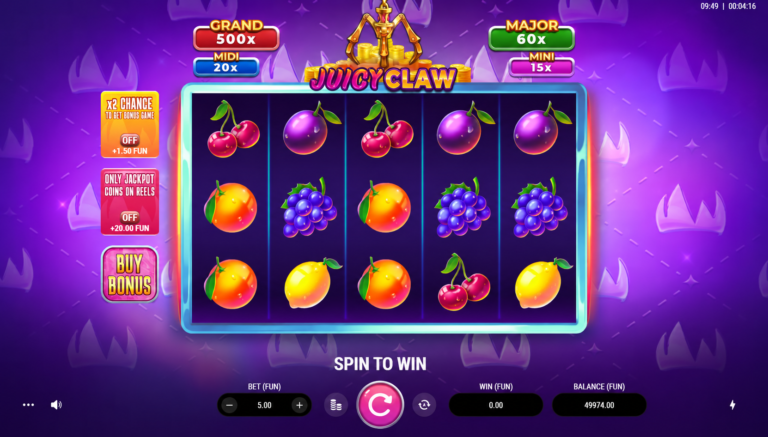 Juicy Claw slot gameplay showing five reels with fruit symbols and jackpot multipliers