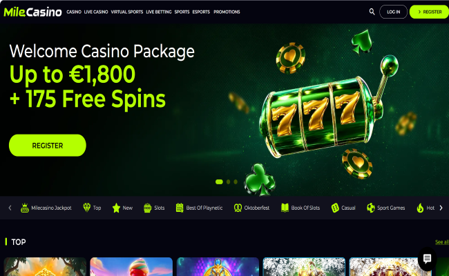 MileCasino lobby with the welcome package and casino categories