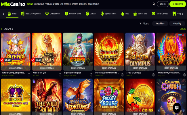 MileCasino games lobby showing slots and provider filters