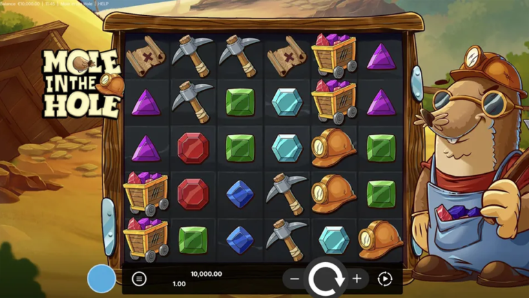 Mole in the Hole slot gameplay showing the mining grid and symbols
