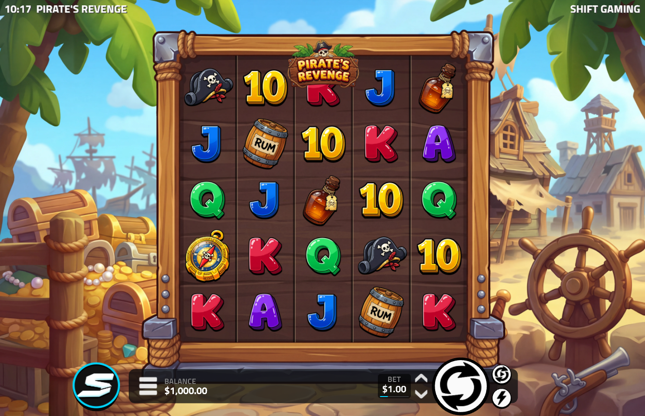 Pirate's Revenge slot gameplay showing the reels and pirate symbols
