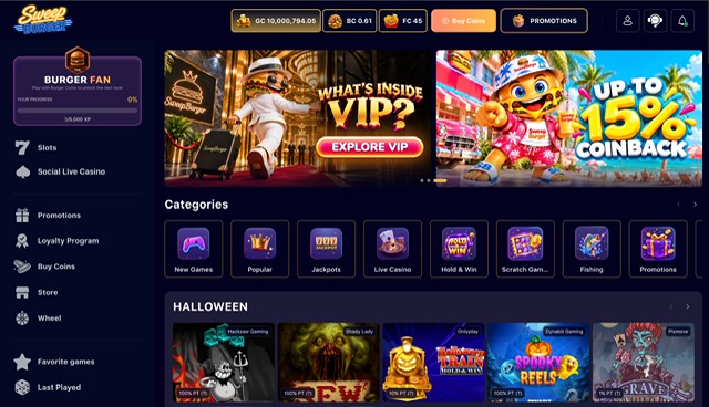SweepBurger casino lobby