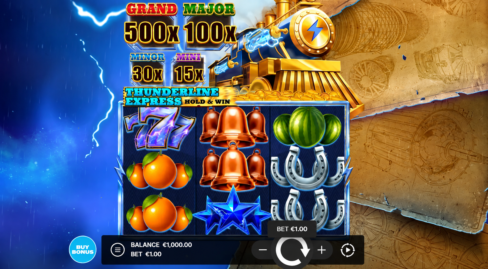 Thunderline Express: Hold & Win slot gameplay showing the train, reels and prize values
