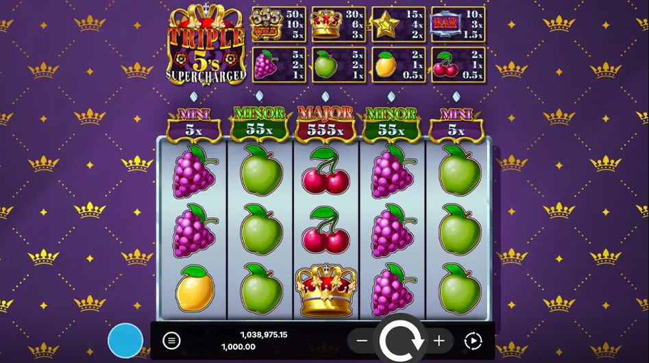 Triple 5's Supercharged slot gameplay showing fruit symbols and five reels